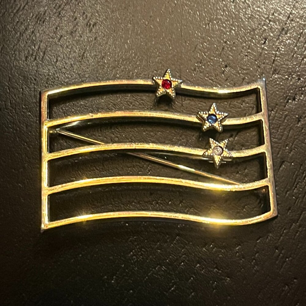 Gold Tone Abstract Flag Pin with Red White and Blue Star Rhinestones